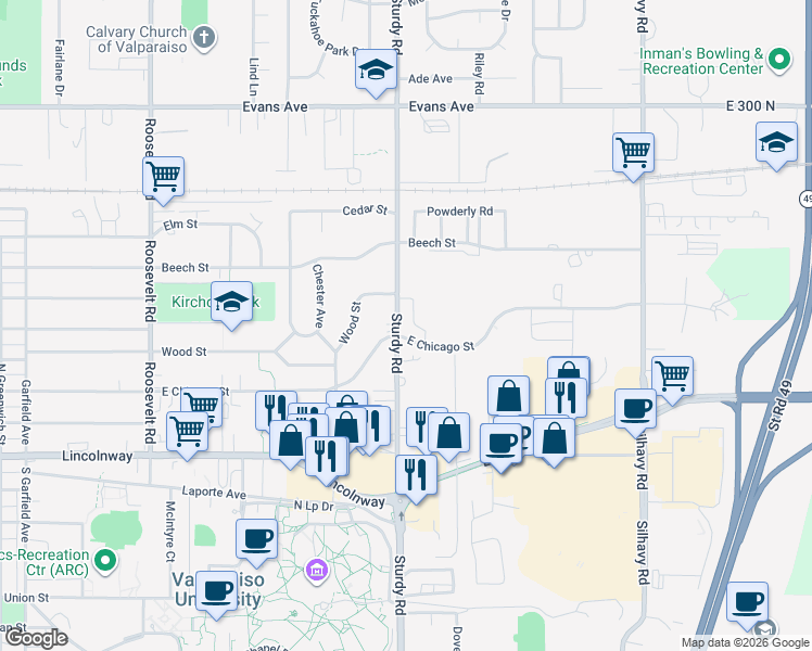 map of restaurants, bars, coffee shops, grocery stores, and more near 404 Sturdy Road in Valparaiso