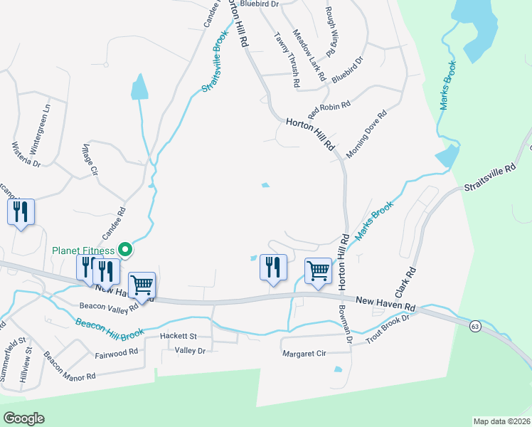 map of restaurants, bars, coffee shops, grocery stores, and more near 103 Country Hill Road in Naugatuck