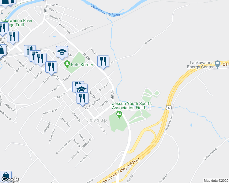 map of restaurants, bars, coffee shops, grocery stores, and more near 1015 Hill St in Jessup