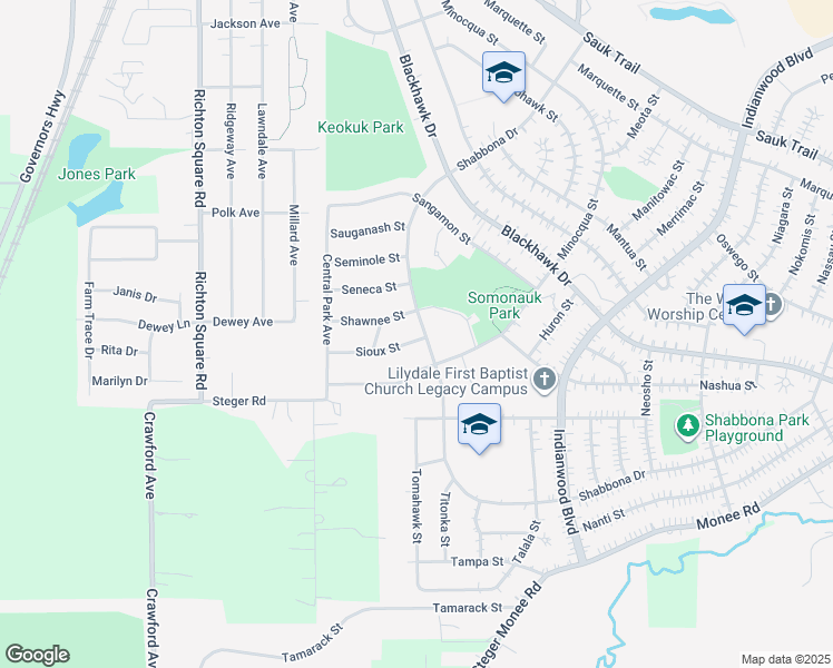 map of restaurants, bars, coffee shops, grocery stores, and more near 300 Sioux Street in Park Forest