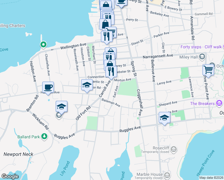 map of restaurants, bars, coffee shops, grocery stores, and more near 9 Earl Avenue in Newport