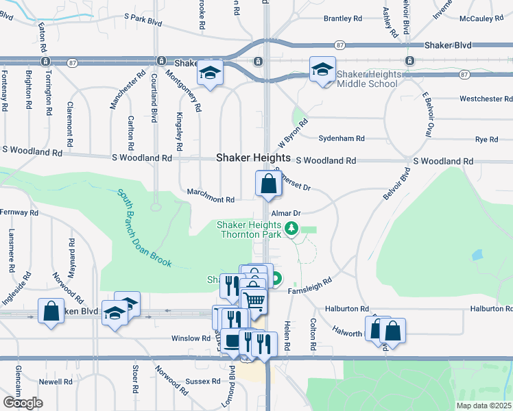 map of restaurants, bars, coffee shops, grocery stores, and more near 3200 Warrensville Center Road in Shaker Heights
