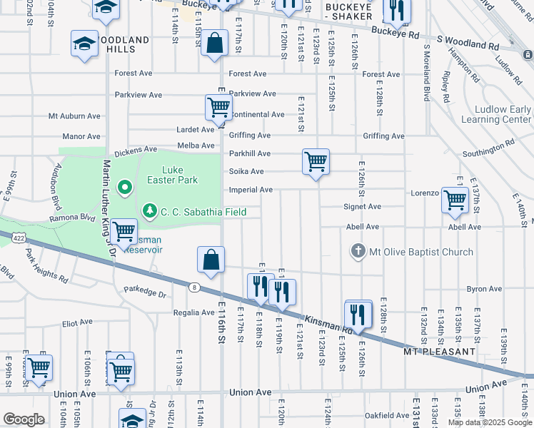 map of restaurants, bars, coffee shops, grocery stores, and more near 3185 East 118th Street in Cleveland