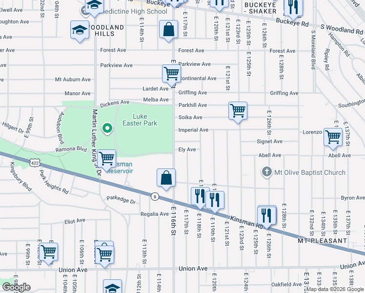 map of restaurants, bars, coffee shops, grocery stores, and more near 11705 Ely Avenue in Cleveland