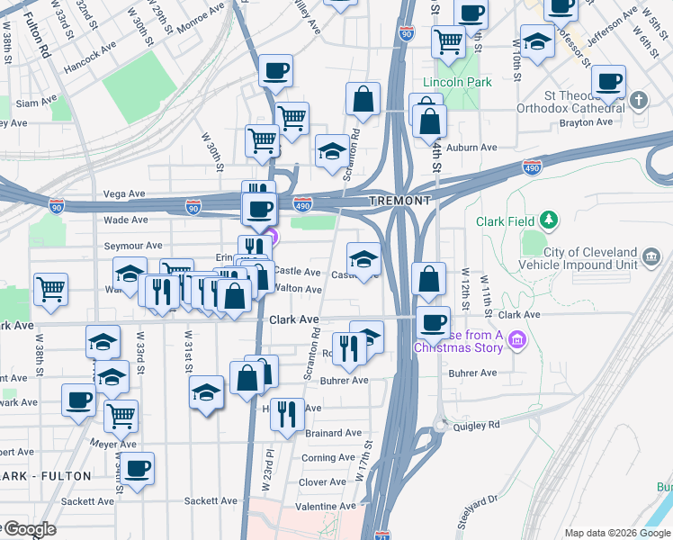 map of restaurants, bars, coffee shops, grocery stores, and more near 2949 Scranton Road in Cleveland