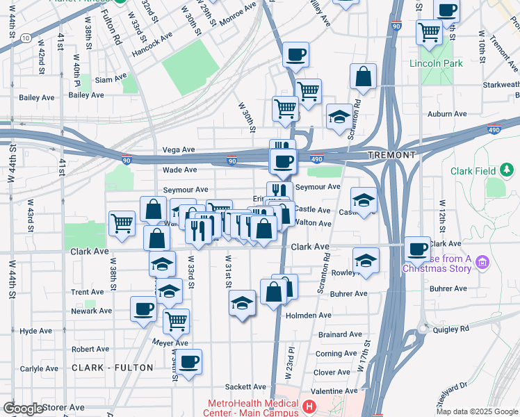 map of restaurants, bars, coffee shops, grocery stores, and more near 2705 Erin Avenue in Cleveland