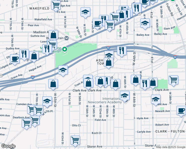 map of restaurants, bars, coffee shops, grocery stores, and more near 5300 Train Avenue in Cleveland