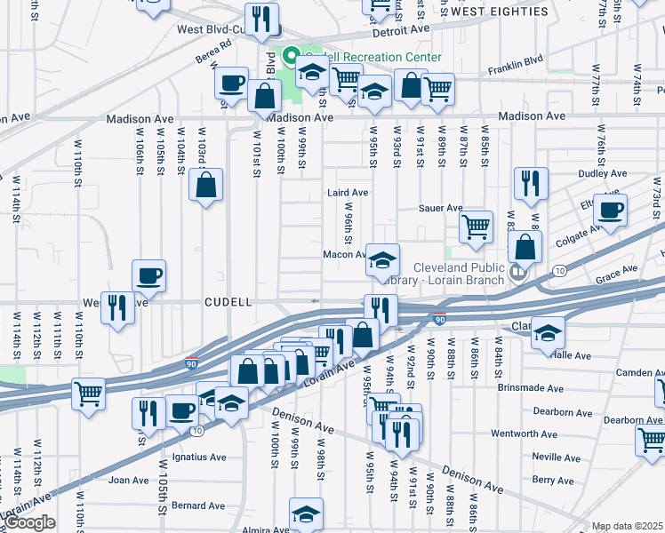 map of restaurants, bars, coffee shops, grocery stores, and more near 9603 Macon Avenue in Cleveland