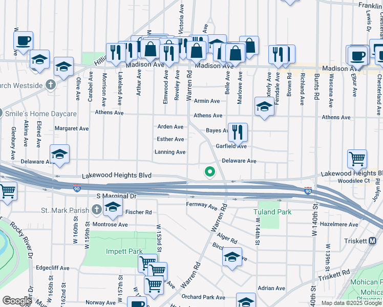 map of restaurants, bars, coffee shops, grocery stores, and more near 2225 Emily Avenue in Lakewood
