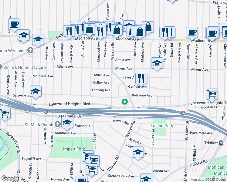 map of restaurants, bars, coffee shops, grocery stores, and more near 2225 Emily Avenue in Lakewood