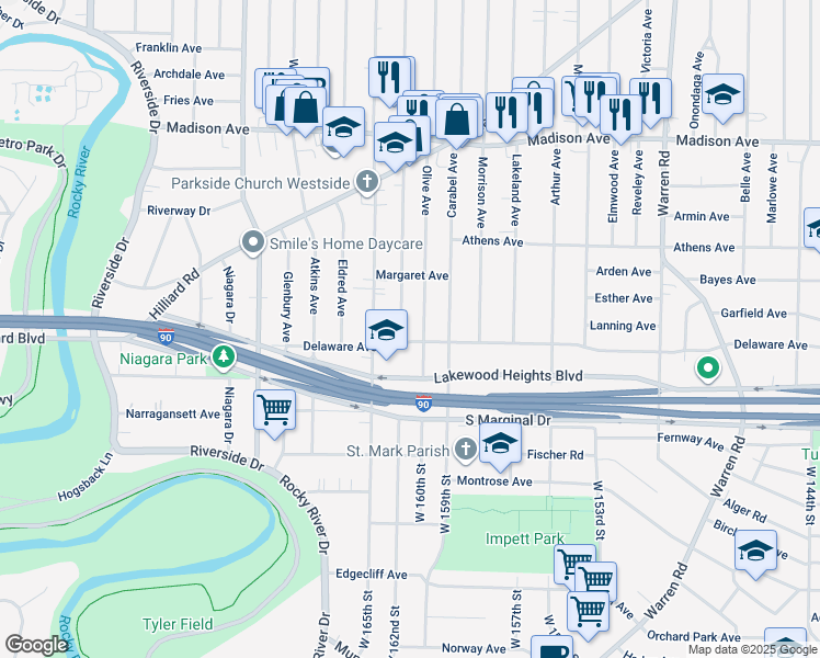 map of restaurants, bars, coffee shops, grocery stores, and more near 2220 Olive Avenue in Lakewood
