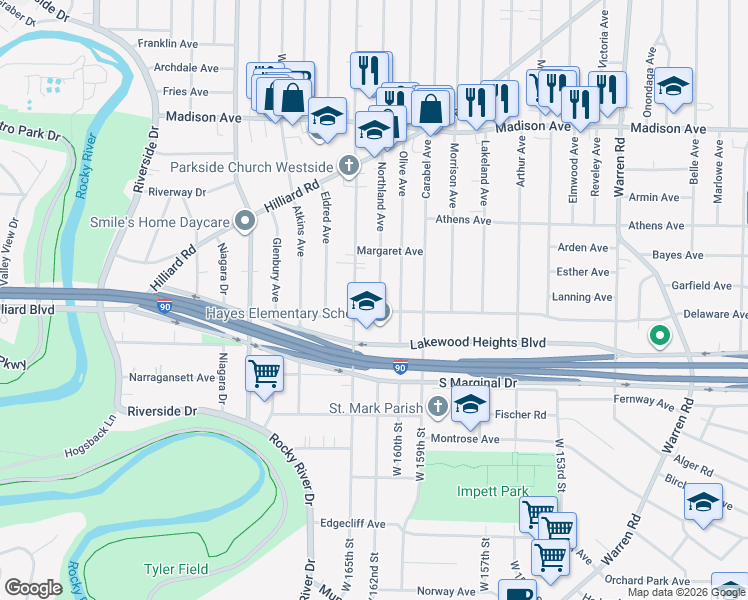 map of restaurants, bars, coffee shops, grocery stores, and more near 2241 Woodward Avenue in Lakewood