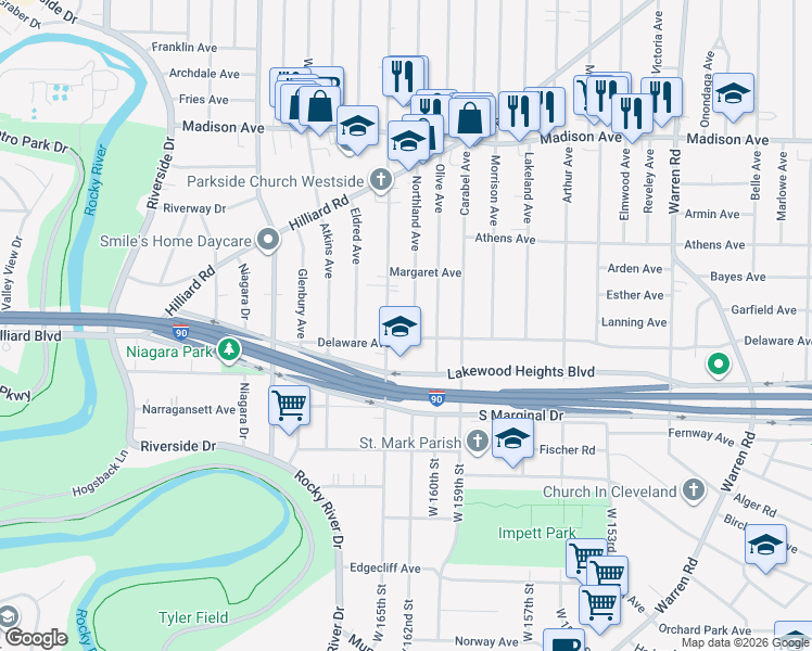map of restaurants, bars, coffee shops, grocery stores, and more near 2241 Woodward Avenue in Lakewood