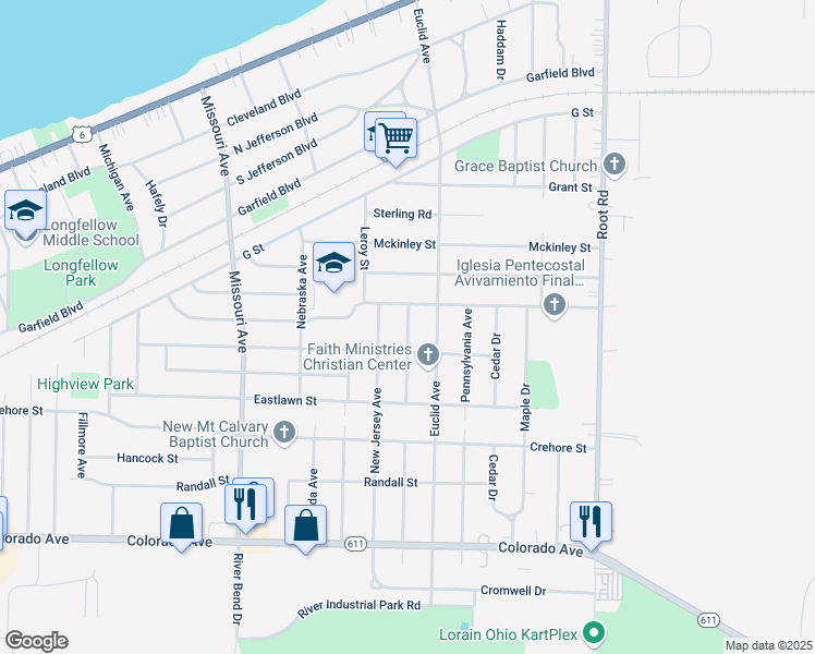 map of restaurants, bars, coffee shops, grocery stores, and more near 1204 New Mexico Avenue in Lorain