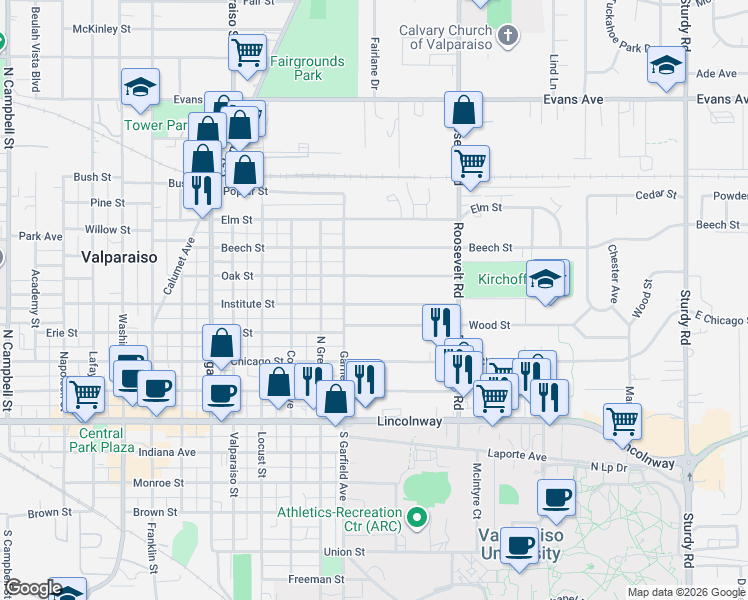 map of restaurants, bars, coffee shops, grocery stores, and more near 801-1199 Institute Street in Valparaiso