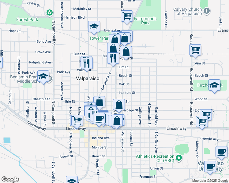 map of restaurants, bars, coffee shops, grocery stores, and more near 404 Morgan Boulevard in Valparaiso
