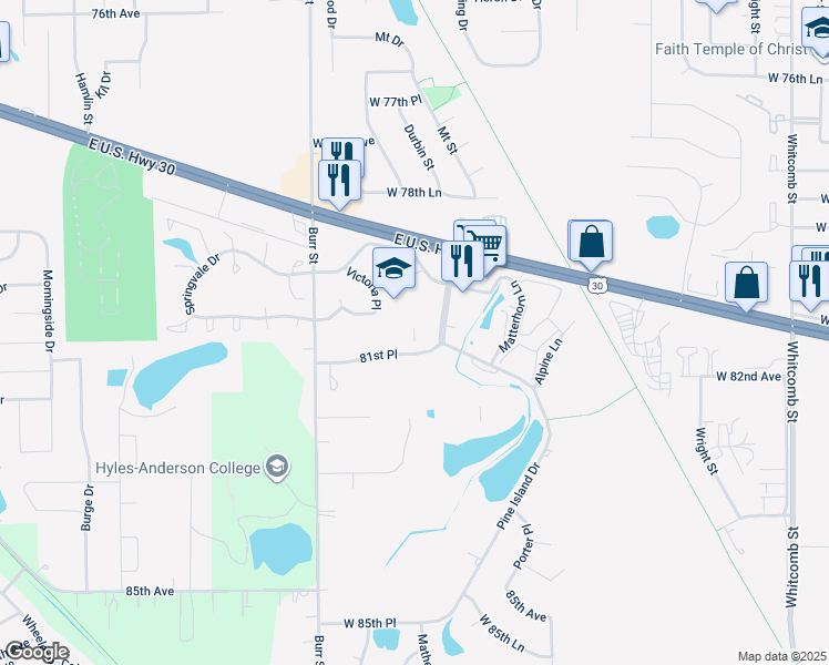map of restaurants, bars, coffee shops, grocery stores, and more near 5305-5399 Cedar Point Drive in Crown Point