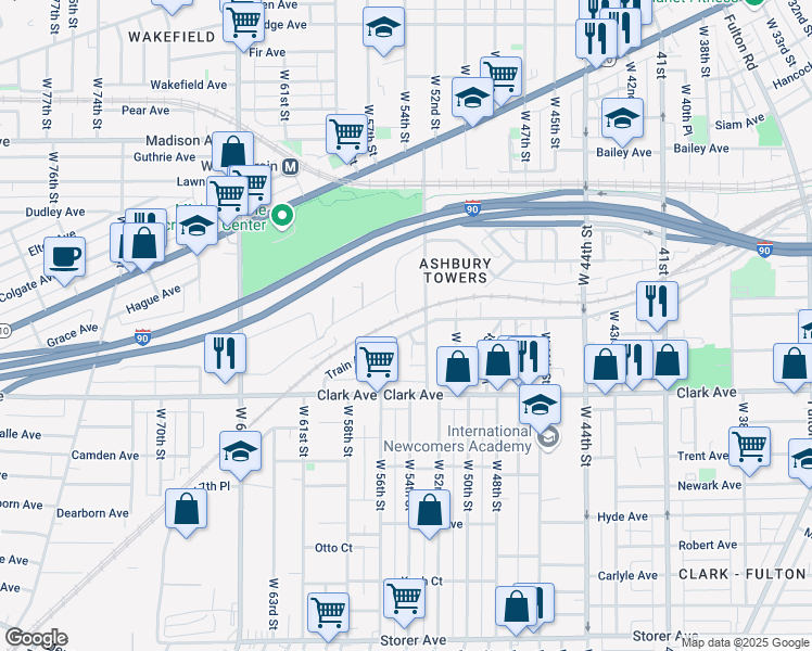 map of restaurants, bars, coffee shops, grocery stores, and more near 5300 Train Avenue in Cleveland