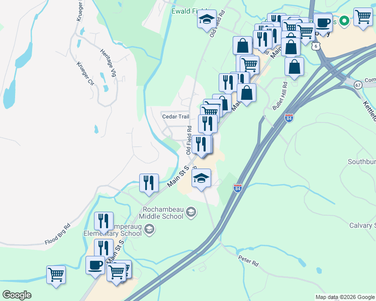 map of restaurants, bars, coffee shops, grocery stores, and more near 33 Old Field Road in Southbury