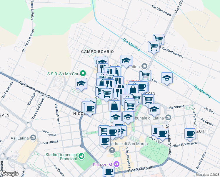 map of restaurants, bars, coffee shops, grocery stores, and more near 51 Via Giuliano Carturan in Latina