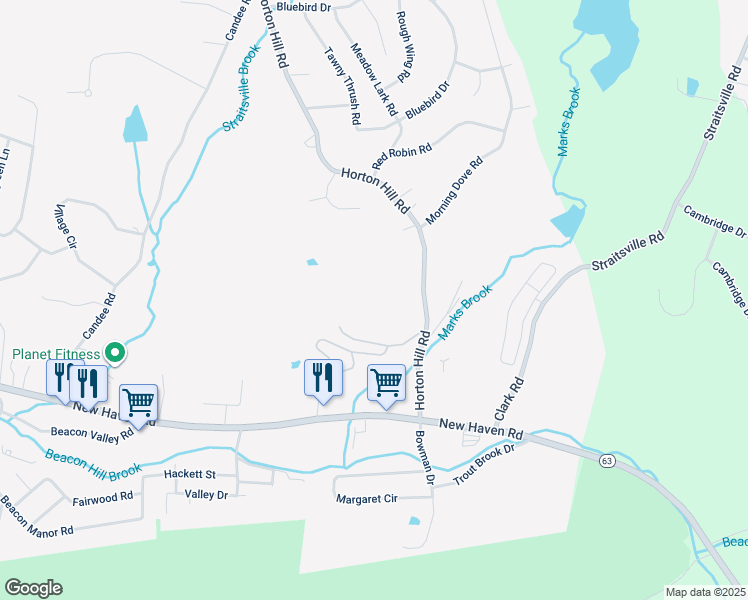 map of restaurants, bars, coffee shops, grocery stores, and more near 57 Country Hill Road in Naugatuck