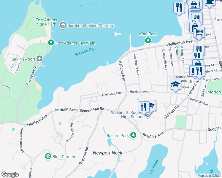 map of restaurants, bars, coffee shops, grocery stores, and more near 95 Harrison Ave in Newport