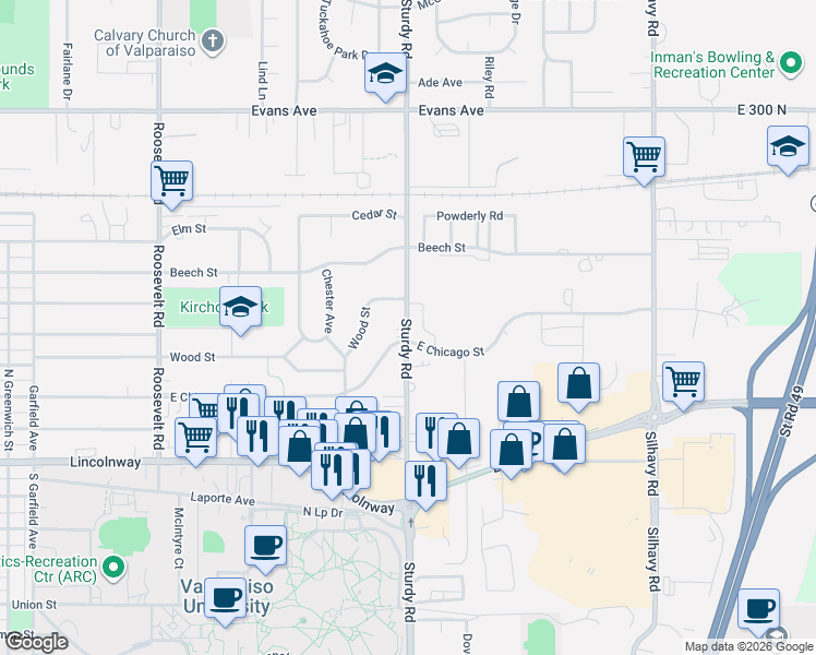 map of restaurants, bars, coffee shops, grocery stores, and more near 500 North Sturdy Road in Valparaiso
