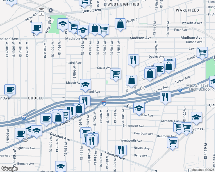 map of restaurants, bars, coffee shops, grocery stores, and more near 8812 Tompkins Avenue in Cleveland
