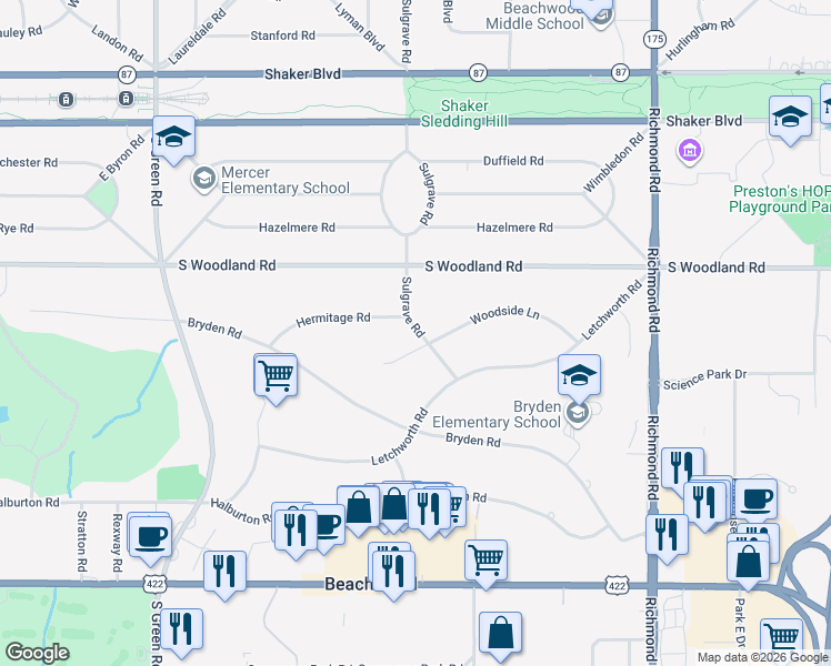 map of restaurants, bars, coffee shops, grocery stores, and more near 3198 West Sulgrave Oval in Beachwood