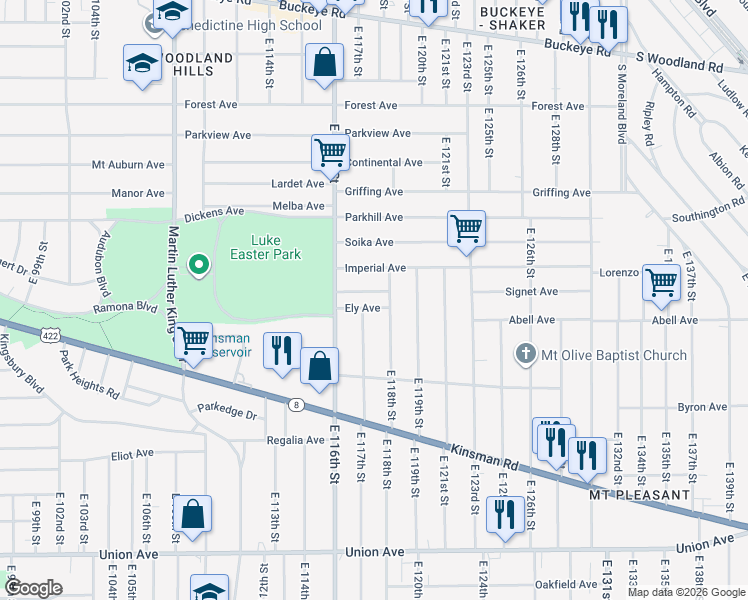 map of restaurants, bars, coffee shops, grocery stores, and more near 11705 Ely Avenue in Cleveland