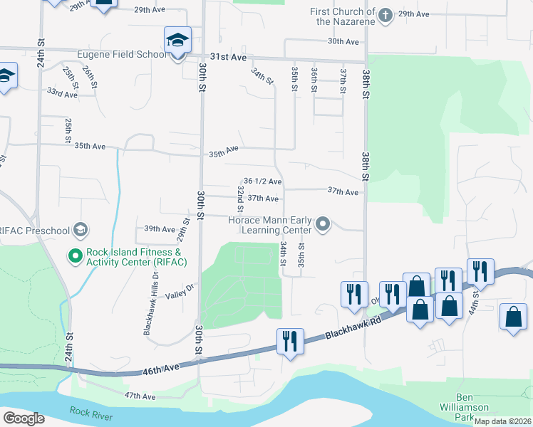 map of restaurants, bars, coffee shops, grocery stores, and more near 3237 38th Avenue in Rock Island