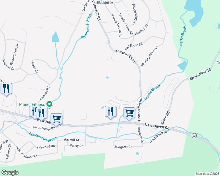map of restaurants, bars, coffee shops, grocery stores, and more near 103 Country Hill Road in Naugatuck