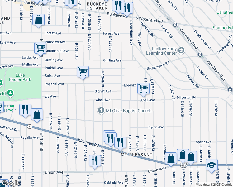 map of restaurants, bars, coffee shops, grocery stores, and more near 12900 Signet Avenue in Cleveland
