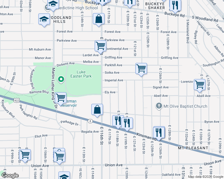 map of restaurants, bars, coffee shops, grocery stores, and more near 11705 Ely Avenue in Cleveland