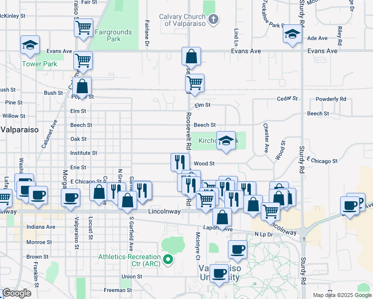 map of restaurants, bars, coffee shops, grocery stores, and more near 1115 Institute Street in Valparaiso