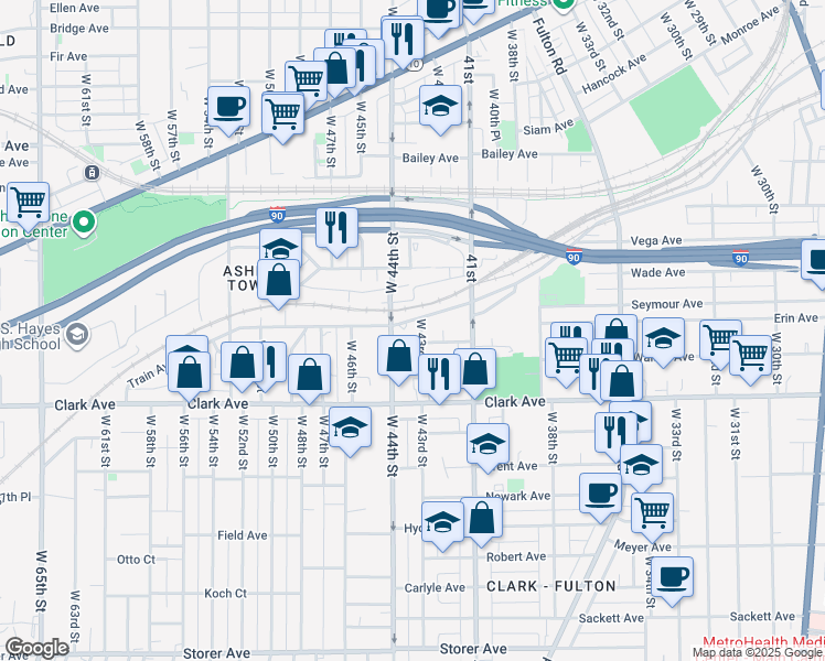 map of restaurants, bars, coffee shops, grocery stores, and more near 4301 Train Avenue in Cleveland