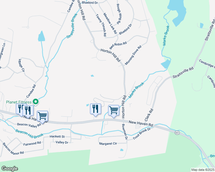 map of restaurants, bars, coffee shops, grocery stores, and more near 57 Country Hill Road in Naugatuck