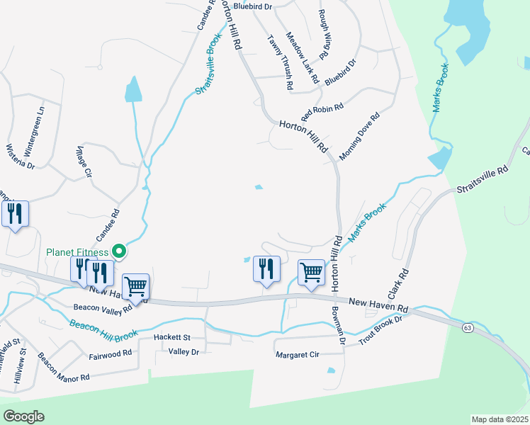 map of restaurants, bars, coffee shops, grocery stores, and more near 103 Country Hill Road in Naugatuck