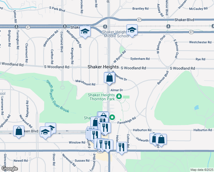 map of restaurants, bars, coffee shops, grocery stores, and more near 3200 Warrensville Center Road in Shaker Heights