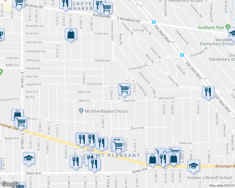 map of restaurants, bars, coffee shops, grocery stores, and more near 3193 East 134th Street in Cleveland