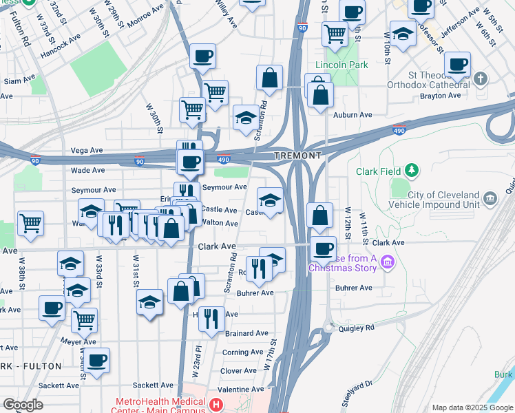 map of restaurants, bars, coffee shops, grocery stores, and more near 2949 Scranton Road in Cleveland
