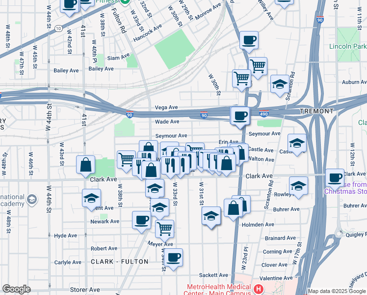 map of restaurants, bars, coffee shops, grocery stores, and more near 3253 Erin Avenue in Cleveland