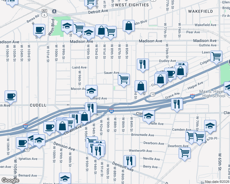 map of restaurants, bars, coffee shops, grocery stores, and more near 8812 Tompkins Avenue in Cleveland
