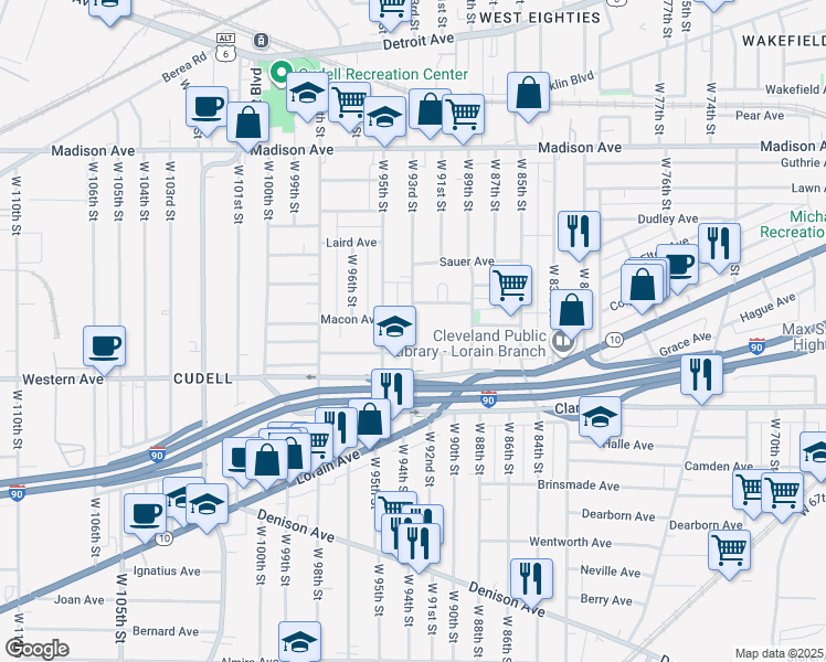 map of restaurants, bars, coffee shops, grocery stores, and more near 2190 West 93rd Street in Cleveland