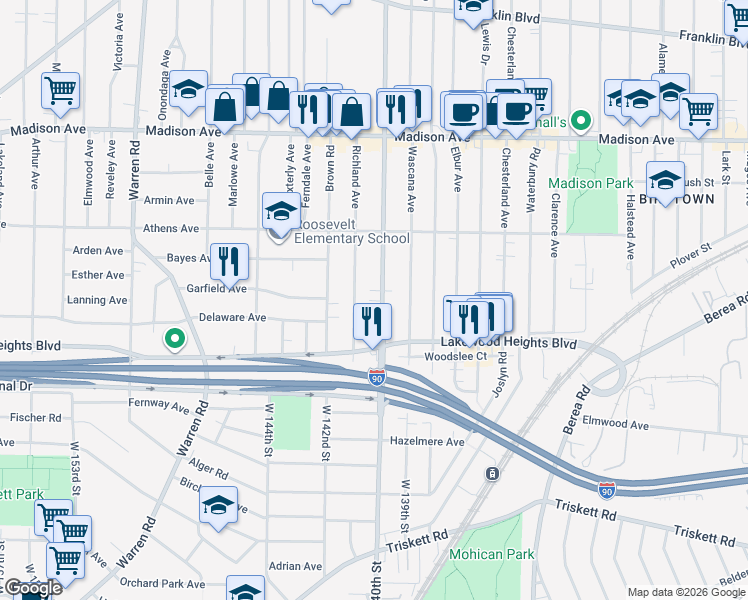 map of restaurants, bars, coffee shops, grocery stores, and more near 2185 Richland Avenue in Lakewood