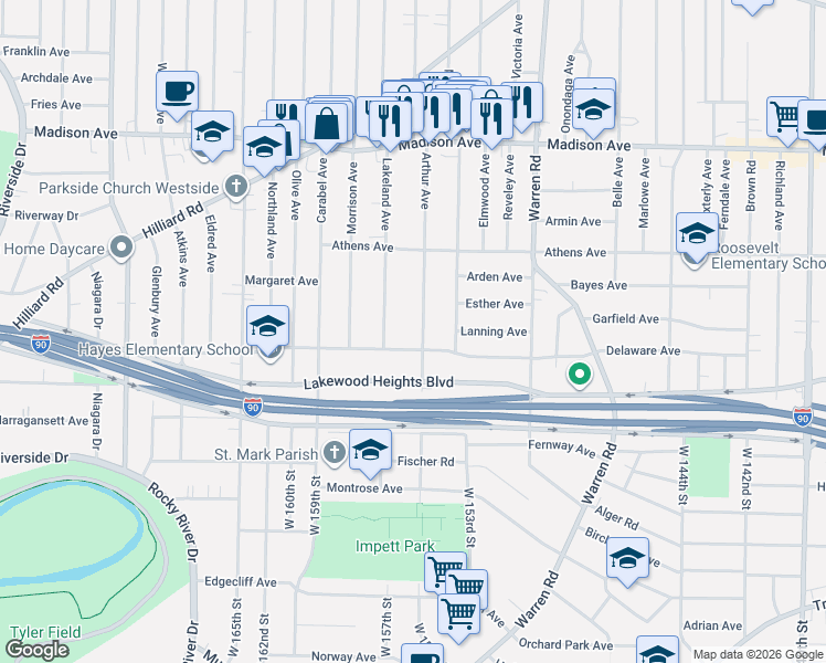 map of restaurants, bars, coffee shops, grocery stores, and more near 2183 Lakeland Avenue in Lakewood