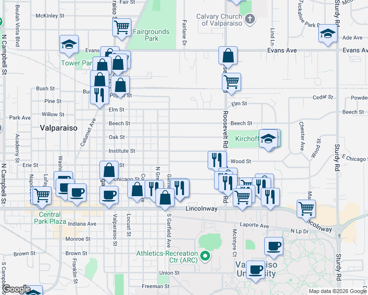 map of restaurants, bars, coffee shops, grocery stores, and more near 801-1199 Institute Street in Valparaiso
