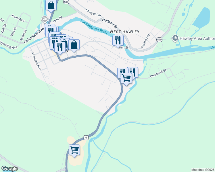 map of restaurants, bars, coffee shops, grocery stores, and more near 410 Woodland Ave in Hawley