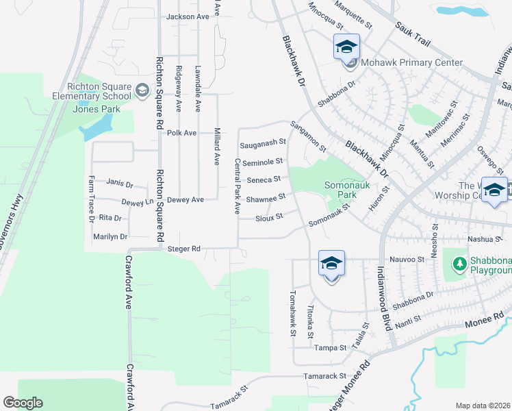 map of restaurants, bars, coffee shops, grocery stores, and more near 319 Shawnee Street in Park Forest