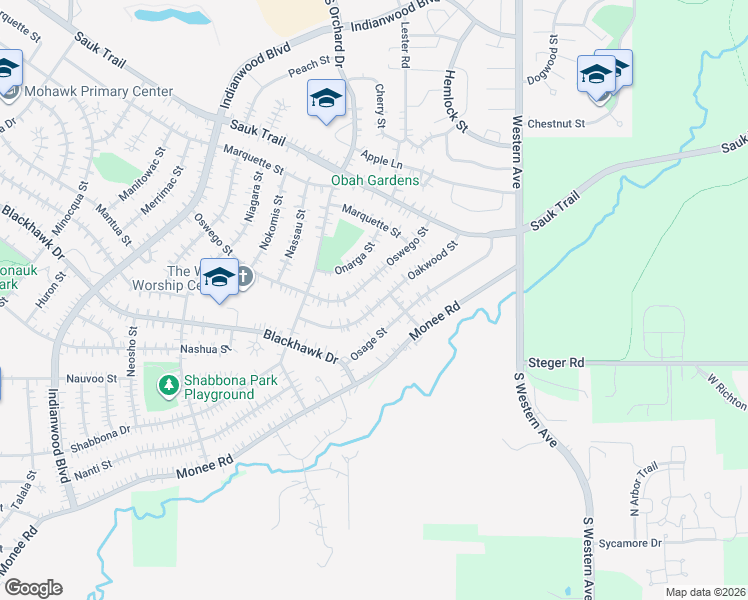 map of restaurants, bars, coffee shops, grocery stores, and more near 336 Oakwood Street in Park Forest